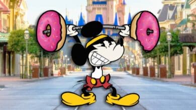 Mickey Mouse lifting weights at Magic Kingdom