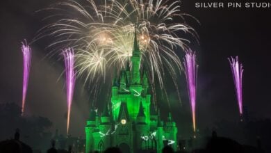 A Disney-inspired castle shines green with vibrant fireworks overhead, "SILVER PIN STUDIOS" logo in the corner.