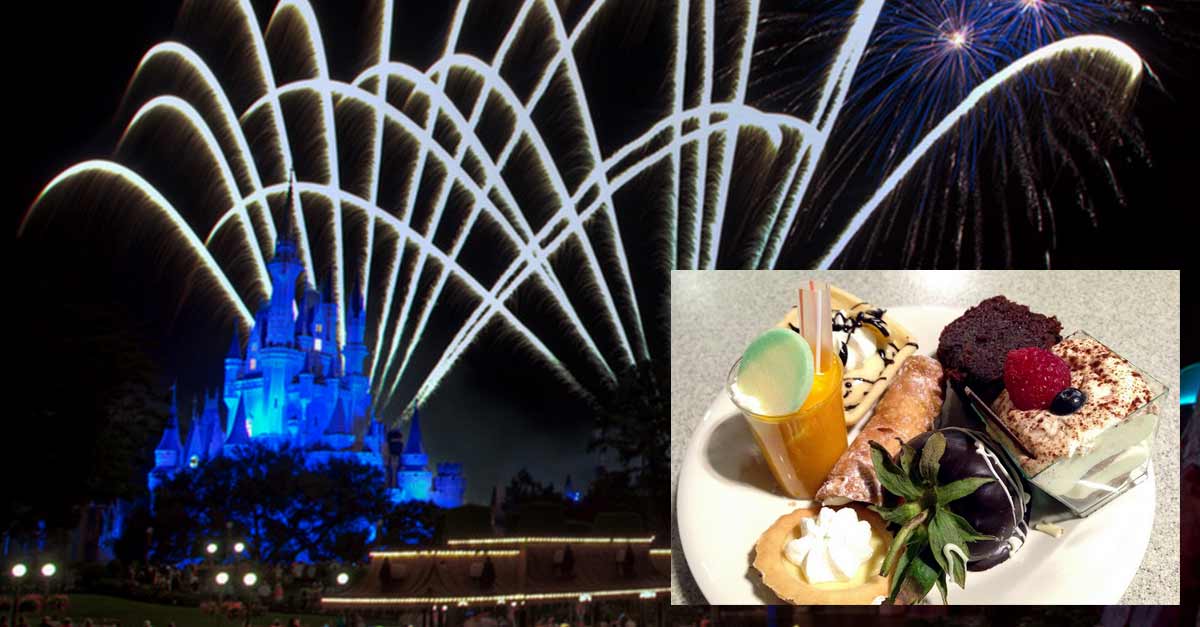 Fireworks burst over Cinderella Castle glowing blue, while a plate of tempting desserts hints at Disney World’s exclusive night events.