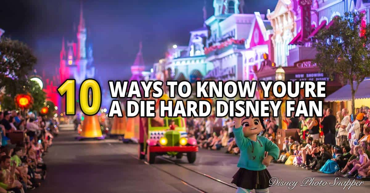 Disneyland parade glows at night with the headline: "10 Ways to Know You're a Die Hard Disney Fan"—tailored for superfans.