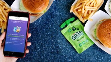 A person holds a phone displaying a food order screen, like you’d see in the Disney Pro Guide, next to trays with burgers, fries, and a green applesauce pouch on a blue table.