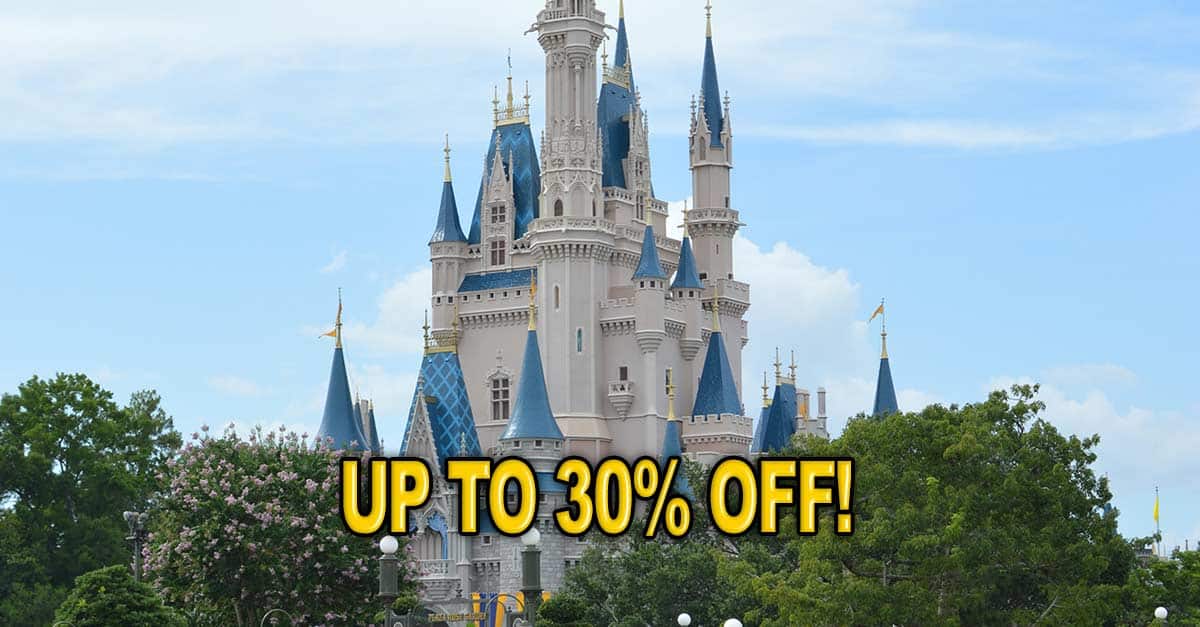 Disney castle framed by lush trees with bold “UP TO 30% OFF!”—Summer Sale on Disney Resort rooms for park fans.