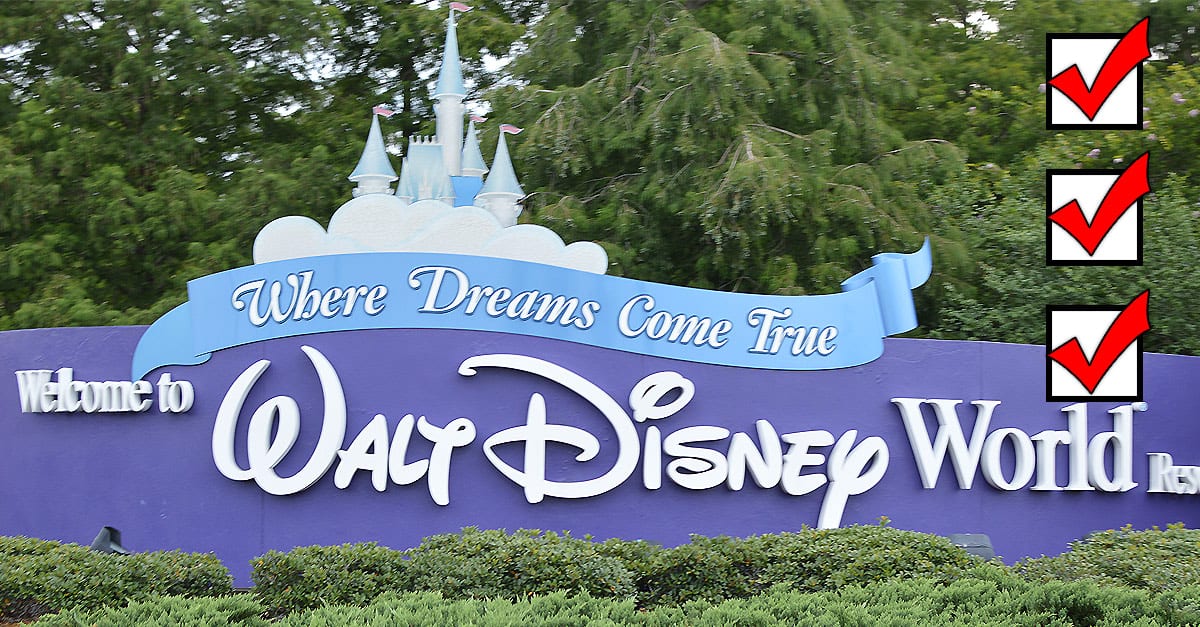Disney World entrance sign with three bold red check marks—perfect for highlighting must-know park tips and planning hacks.