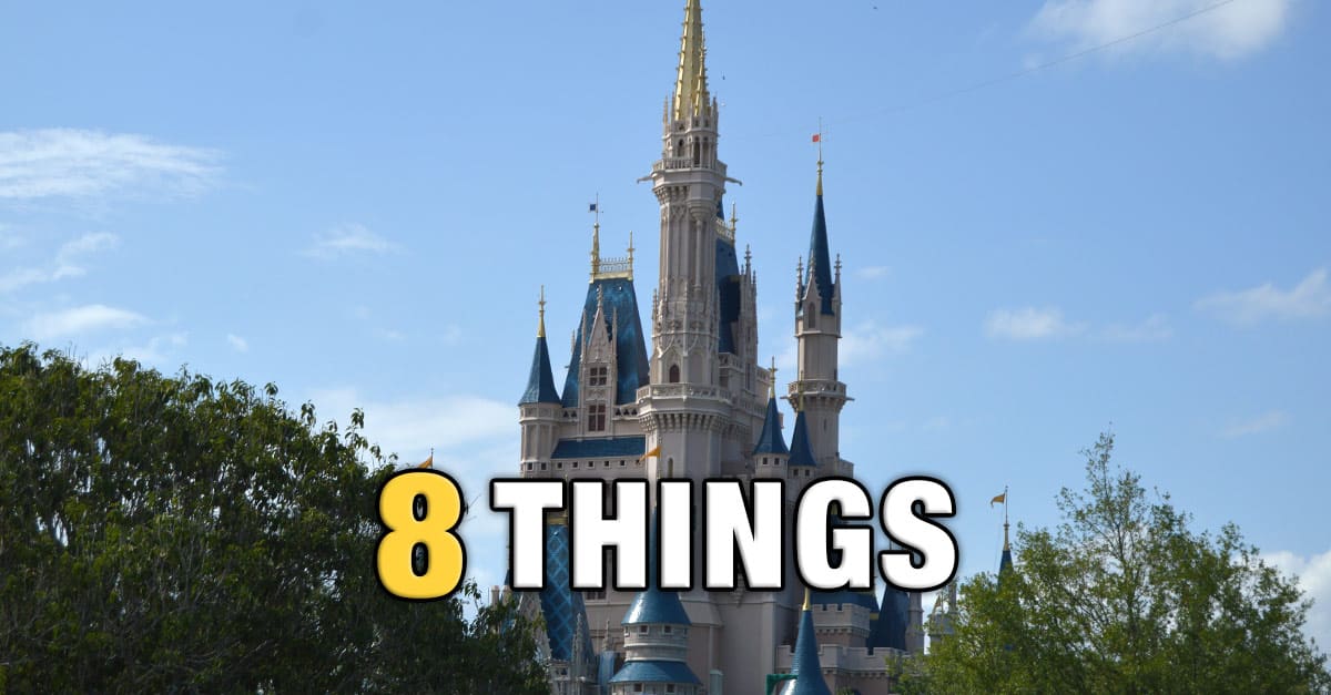 Cinderella Castle at Disney World Resort with "8 THINGS" in bold lettering, capturing the magic of the park’s iconic landmark.