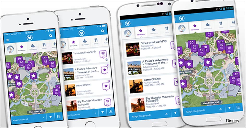 Four smartphones showing the My Disney Experience app with a Disney park map and live attraction wait times for guests.