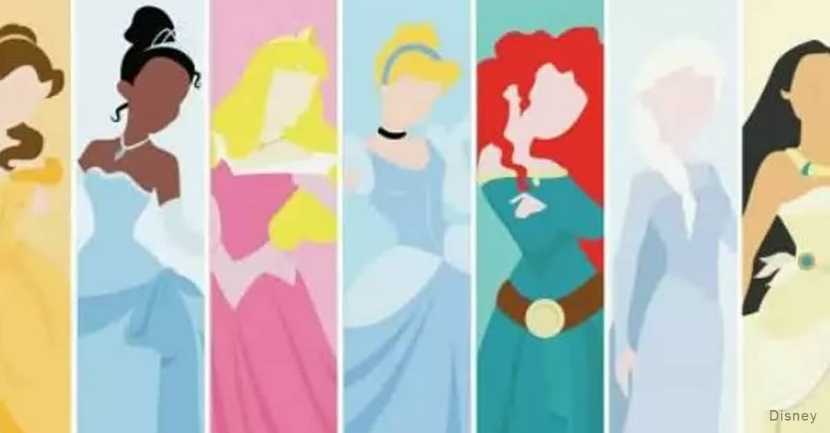 Colorful shoulder-up silhouettes of seven Disney Princesses side by side—ideal for fans at Disney parks to find their royal match!.