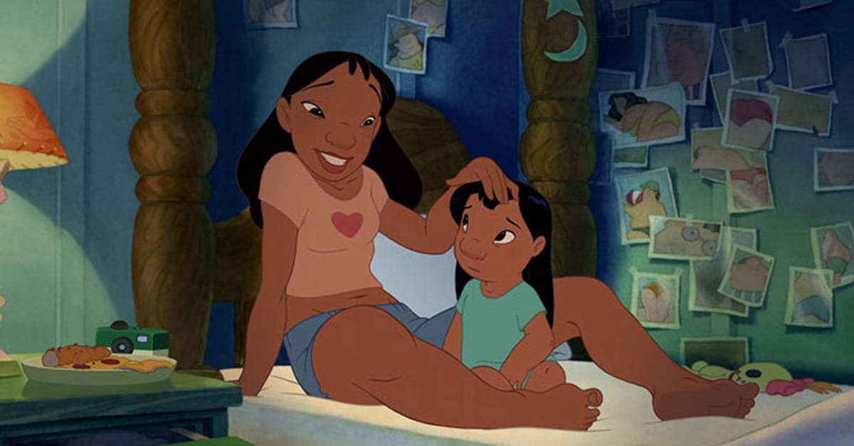 Two girls relax on a bed, one grinning as she pats her friend's head; Disney photos decorate the wall, sparking lively character debates.