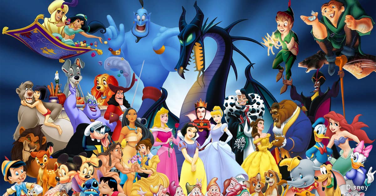 Beloved Disney characters and princesses join their lookalikes for a magical group photo against a Disney-inspired blue backdrop.