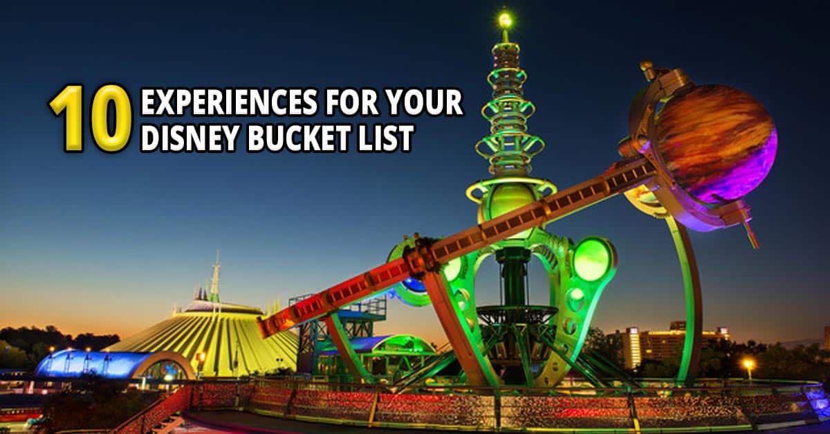 Vibrant nighttime Tomorrowland scene at Disney World highlighted by text: "10 Disney World experiences for your bucket list.