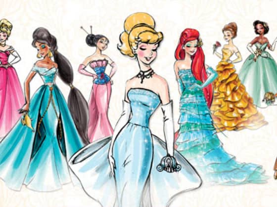 Beloved Disney Princesses in vibrant gowns, smiling together as if greeting fans at a magical Disney Parks character meet-and-greet.