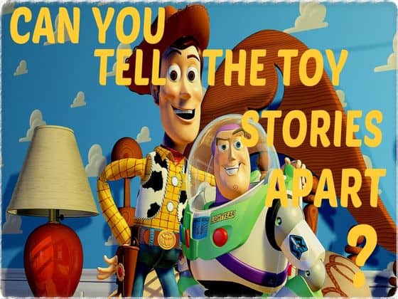 Woody and Buzz Lightyear pose together in front of a Toy Story-themed quiz sign, challenging fans at Disney Parks.