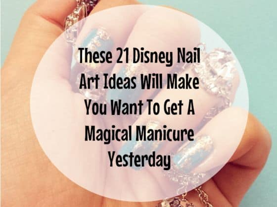 Sparkly blue nails shine while holding Disney-themed jewelry; text presents 21 magical Disney nail art ideas for fans.