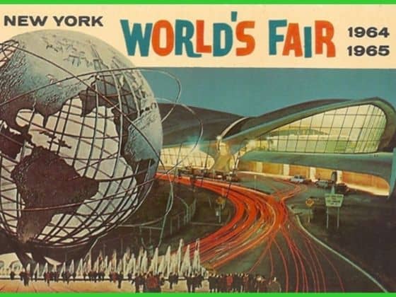 1964 World's Fair retro poster with globe sculpture and sleek pavilions—a must-see for Disneyland and Imagineering enthusiasts.