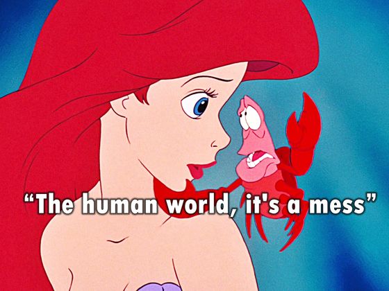 Sebastian tells Ariel, “The human world, it’s a mess,” against a blue backdrop—Disney fun for trivia or song challenge nights.