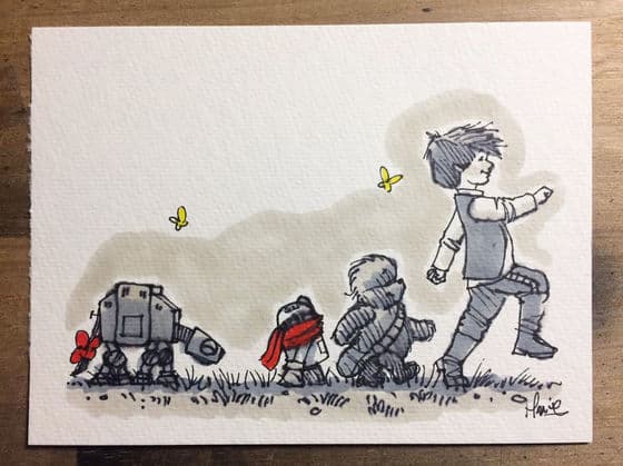Christopher Robin, R2-D2, Pooh, and Piglet parade joyfully through Hundred Acre Wood, butterflies fluttering in this playful mashup.