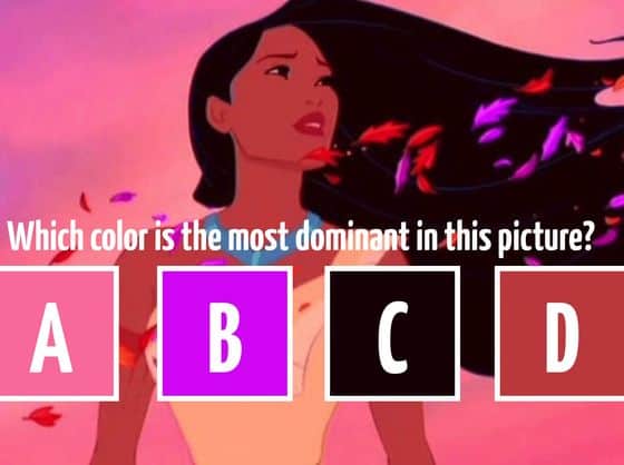 Disney-inspired animated woman with flowing black hair, vibrant leaves, and quiz color choices—pink, purple, black, or brown.