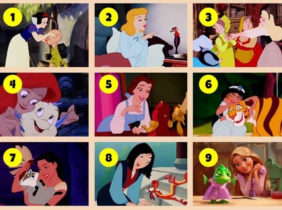 Nine Disney princesses featured in iconic movie moments, each in a numbered square—great for an interactive park trivia game!.