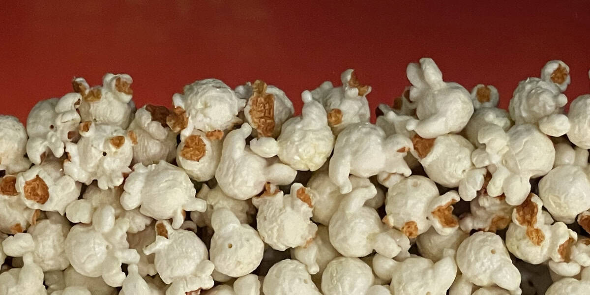 A close-up view of a pile of popped popcorn kernels against a red background. Among the white and toasted brown popcorn, Hidden Mickey facts could surprise observant Disney fans.