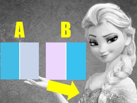 Elsa in her iconic Frozen dress gestures toward two color blocks—A (blue) and B (purple)—with a yellow arrow guiding fans.