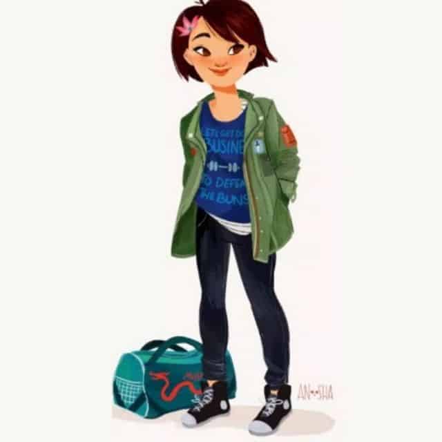 Disney Princess-inspired girl with short brown hair and green jacket, ready for adventure beside her duffel bag at the park.