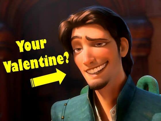 Disney Prince with brown hair smirks as a yellow arrow and "Your Valentine?" text tease quiz-takers in this playful graphic.