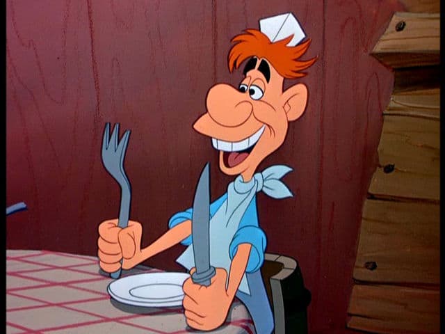 Cartoon guest with bright orange hair grins, holding fork and knife over an empty plate, ready for a magical Disney trivia challenge.