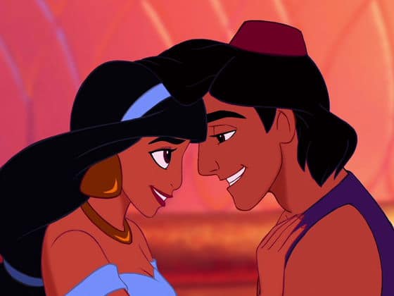 Animated prince and princess smile closely, touching foreheads in a magical embrace just like a Disney Parks fairy tale moment.