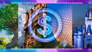 A split image shows iconic theme park landmarks: the Tree of Life, the Tower of Terror, the Epcot globe, and a fairy tale castle. A large neon dollar sign overlays the center, set against a colorful, digital grid pattern.