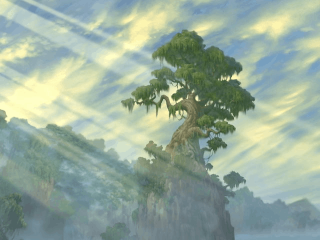 A towering tree crowns a misty hilltop, golden sunbeams breaking through clouds like the perfect fairytale Disney park backdrop.