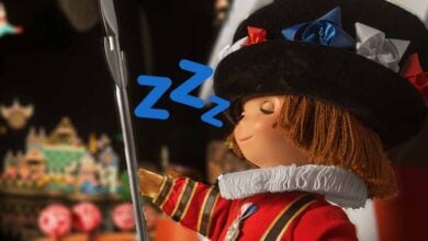 A doll dressed as a royal guard with a black hat and red uniform is standing with closed eyes, holding a staff, with blue "Z"s above its head—perhaps dreaming of overrated Disney rides. The background is colorful and blurred.