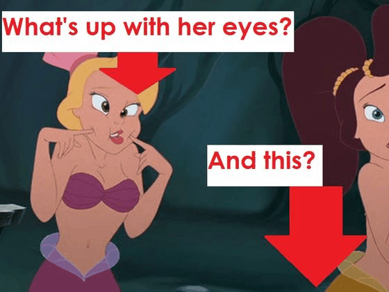 Ariel humorously points to her crossed eyes, with bold red arrows and quiz-style text highlighting her expression and another Disney character.