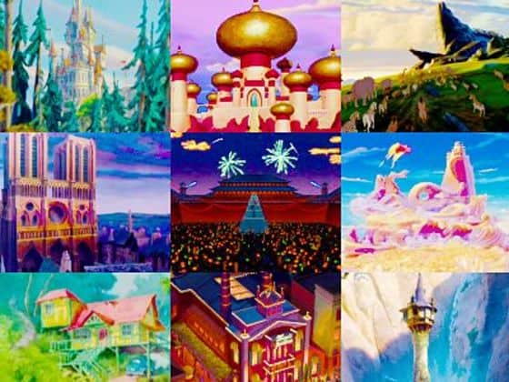 Nine legendary Disney castles in vibrant fantasy settings, capturing the wonder and magic of beloved theme park icons.