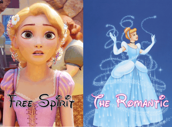 Rapunzel as "Free Spirit" and Cinderella as "The Romantic" highlight unique princess personalities in a Disney Parks promo image.