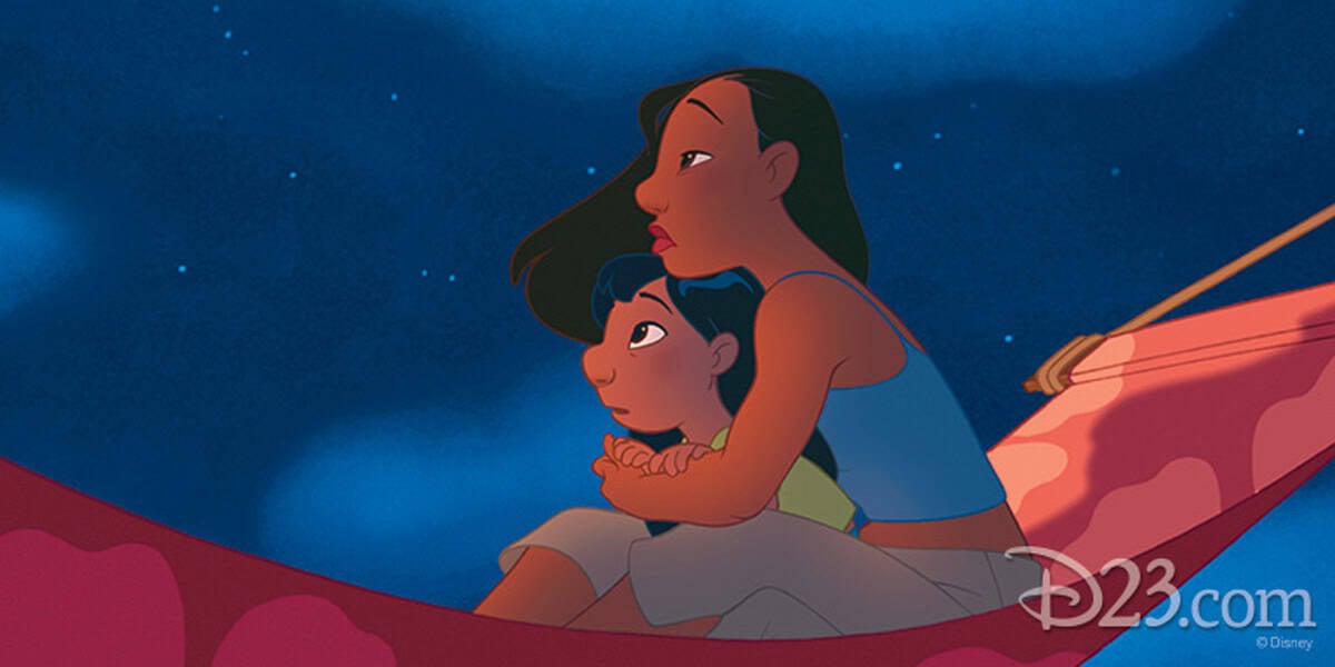 Nani and Lilo sitting together. A young girl in a dress looks up thoughtfully, resting her chin on her knees. Beside her, an older girl embraces her, both gazing at the night sky above. The stars twinkle in the background.