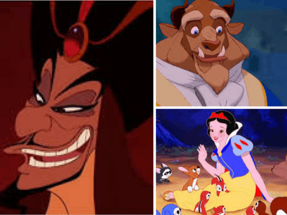 Left: Disney villain flashes a sly grin; top right: the Beast smiles; bottom right: princess greets animals, like a classic park tableau.