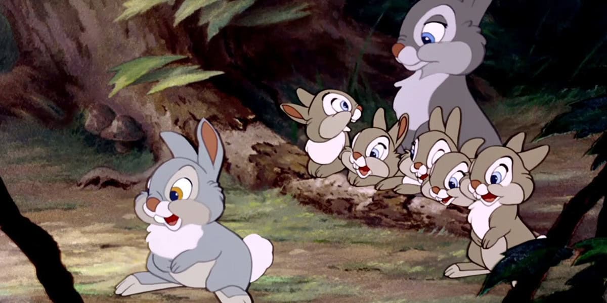 A group of animated rabbits in a forest scene. Thumper in the front.