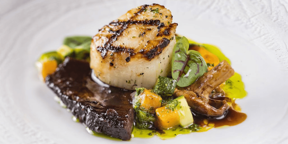 A gourmet dish inspired by Disney World dining, featuring a seared scallop with grill marks, tender braised meat, colorful vegetables, and a drizzle of green herb oil—all beautifully plated on white.