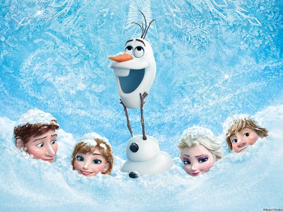 Beloved Frozen characters pop up from snowy drifts with Olaf center stage, set in Arendelle’s wintry landscape, perfect for holiday fun.
