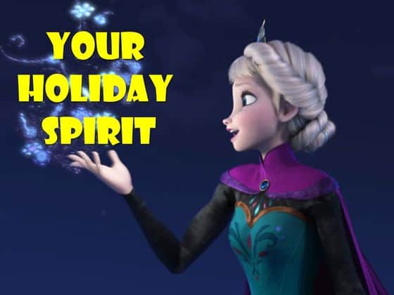 Elsa from Frozen surrounded by sparkles, with “Your Holiday Spirit” in bold yellow letters, as seen at Walt Disney World.