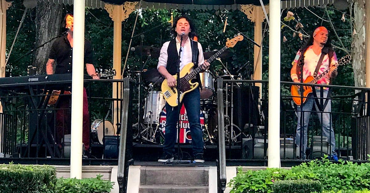 A band on stage in the UK Pavilion