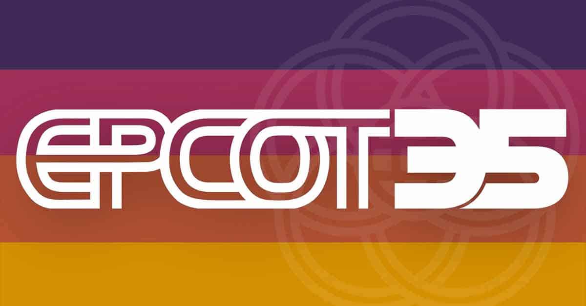 Bold white "EPCOT 35" lettering pops against multi-colored stripes, marking EPCOT’s milestone anniversary on October 1.