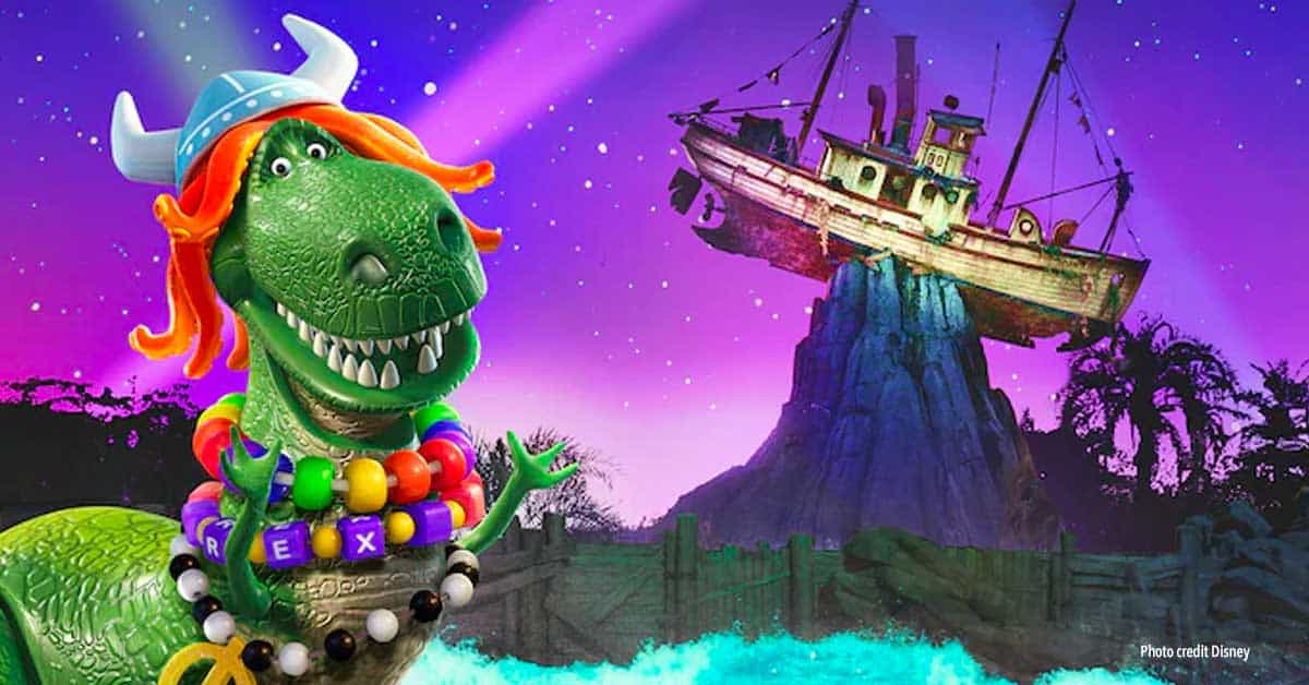 DinoGlow sparkles in vibrant jewelry beside a shipwreck, set against Typhoon Lagoon’s glowing purple night at H2O Glow Nights.