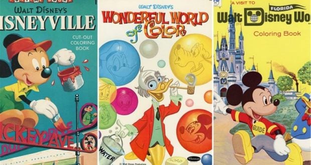 Classic Disney coloring book covers showcase Mickey Mouse and Scrooge McDuck, channeling Disney Parks nostalgia for fans.