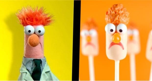 Beaker from The Muppets on the left; Beaker-inspired cake pops with orange hair and silly faces on right, vibrant backgrounds.