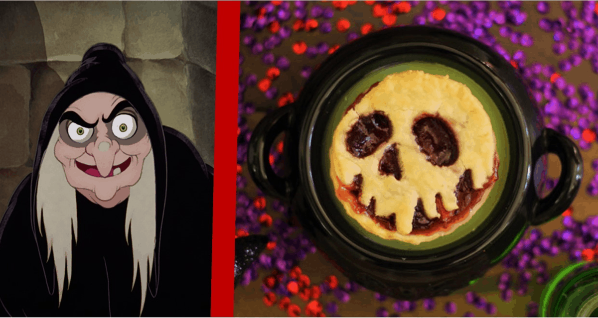 A whimsical witch greets guests beside poison apple pies with skull designs, set against a lively Magic Kingdom backdrop.