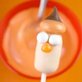 Whimsical turkey-faced marshmallow pop with festive candy and a chocolate chip hat—perfect for your theme park treat adventure!.