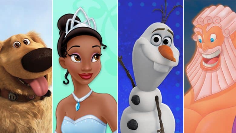 Dug, Princess Tiana, Olaf, and Zeus pose together in a vibrant Disney E-Card—ideal for sharing Disney magic with loved ones.