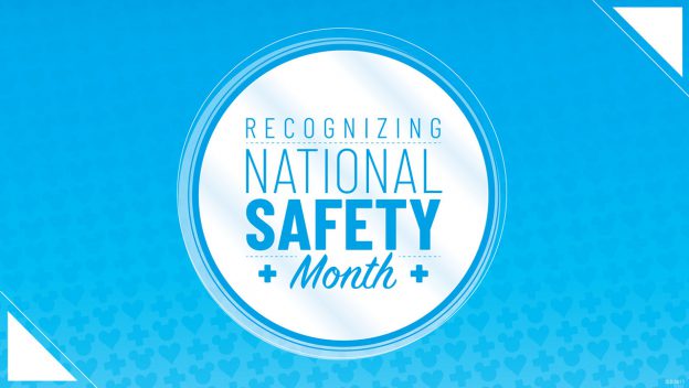 Blue graphic with “Recognizing National Safety Month” in a white circle, celebrating Disney Parks Health & Safety Cast Members.