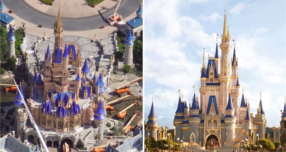Aerial and front shots of Cinderella Castle at Magic Kingdom, its blue spires and gold details gleaming after a fairytale makeover.