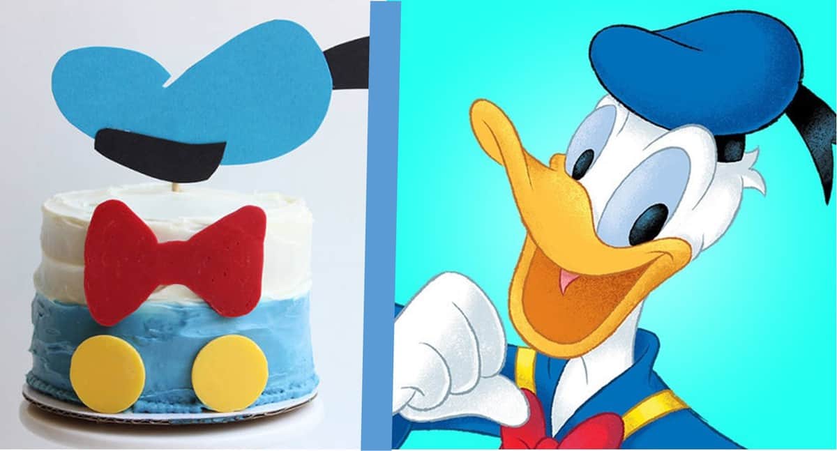 A Donald Duck-themed cake next to a smiling Donald Duck illustration—perfect for Disney fans celebrating character birthdays!.